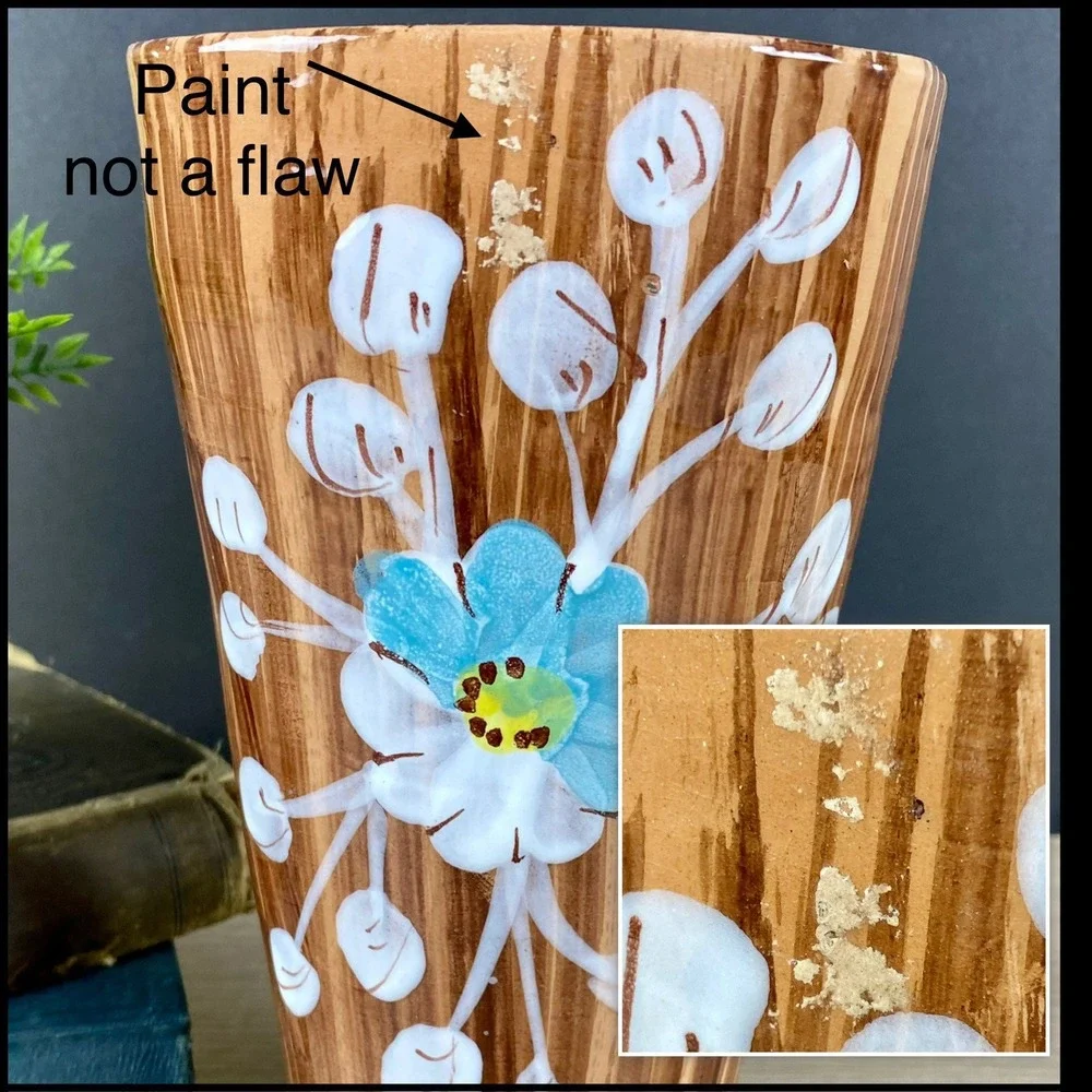 Italy Pottery Vase Wood Grain‎ Glaze Blue Flower Relief 8 Inch